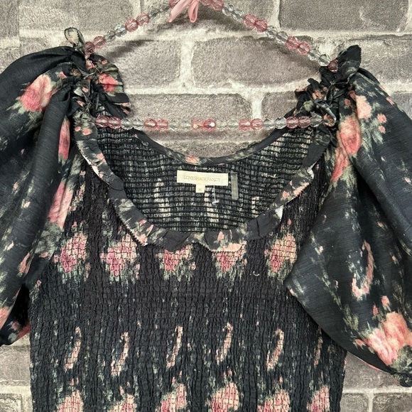 LOVESHACKFANCY puff sleeve smocked floral mini dress black pink floral - Picture 6 of 13